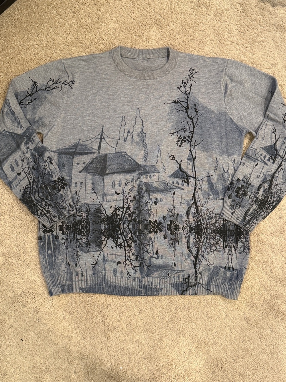 SHEIN Grey Crewneck Sweater with Black Scenic Print